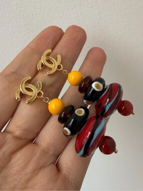 ❤️CHANEL Gold-Logo Drop Earrings with Red, Black, Yellow & Blue Beads✨